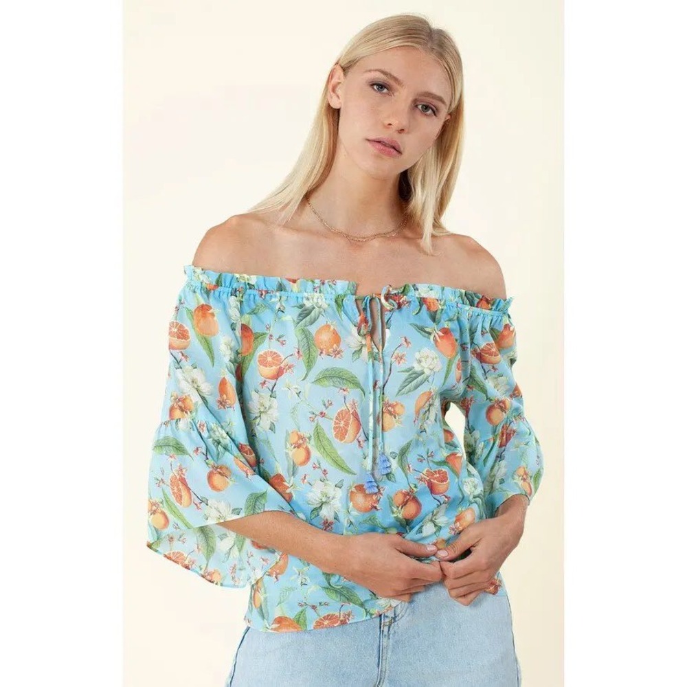 Hale Bob Blue Orange Citrus Print Off Shoulder Bell Sleeve Cotton Blouse Small